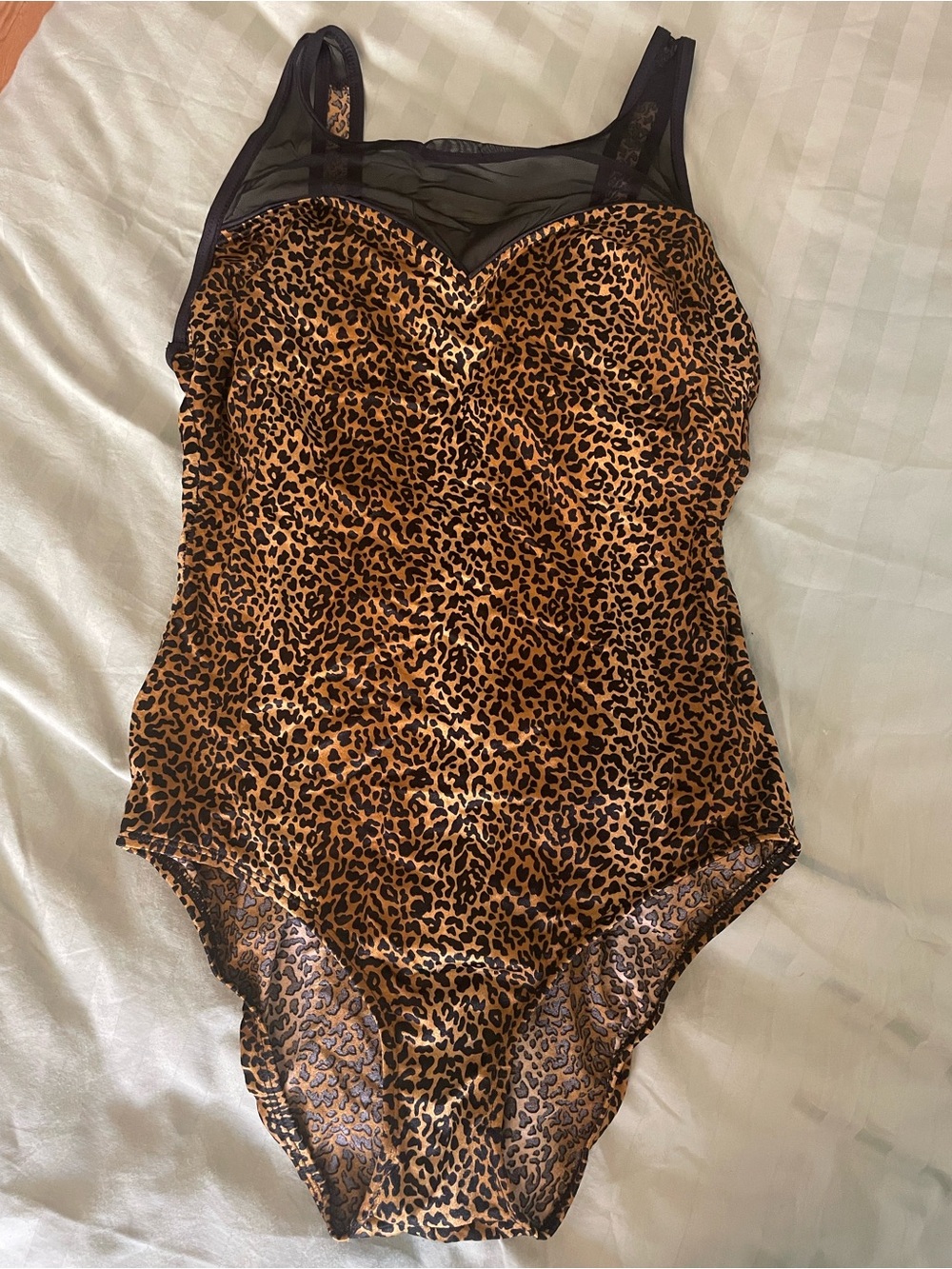 VINTAGE ROBBY LEN Leopard Print One-Piece Swimsuit with Sheer Black Mesh